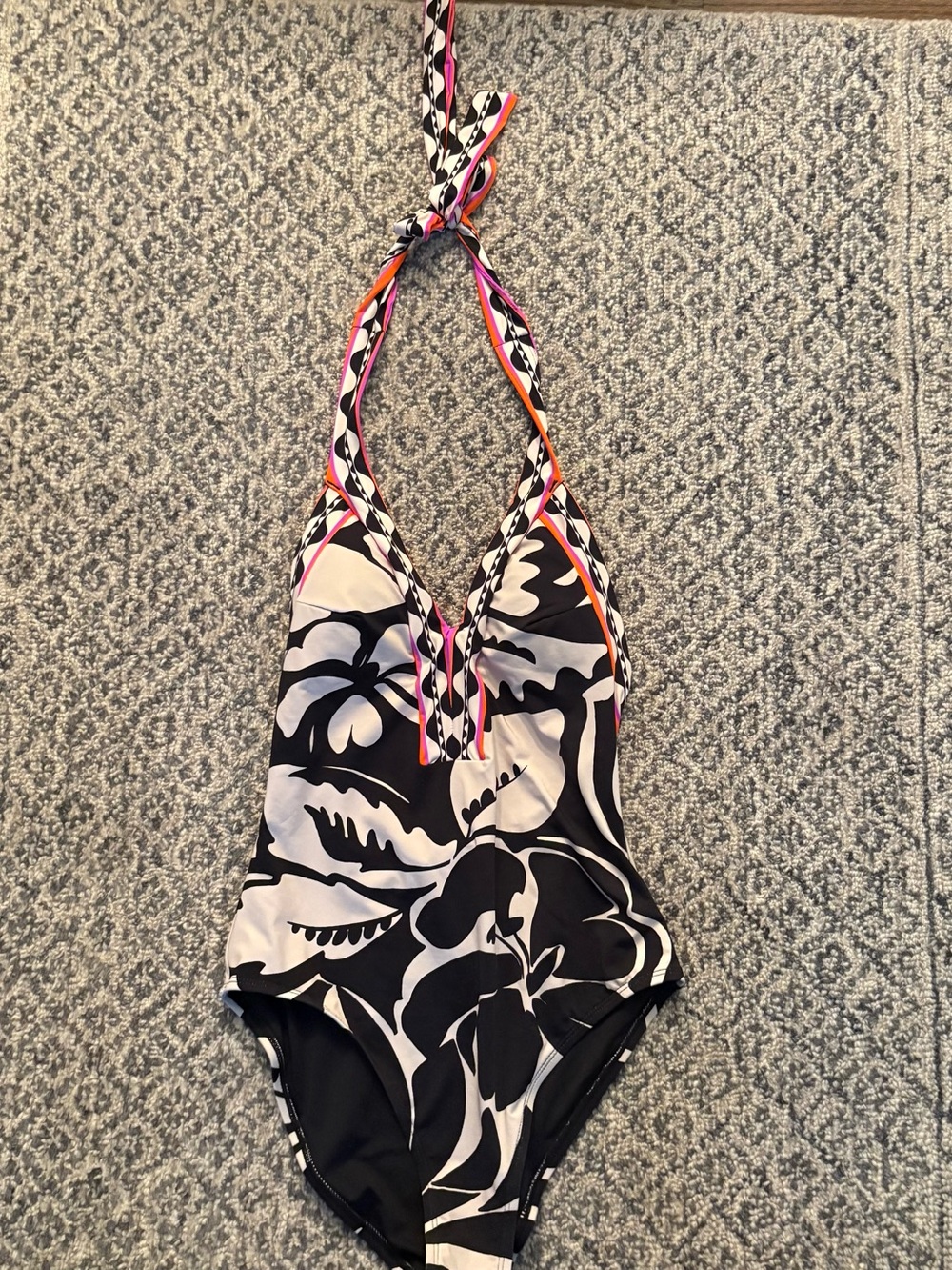 Trina Turk Black & White Floral Halter One-Piece with Pink and Orange Trim